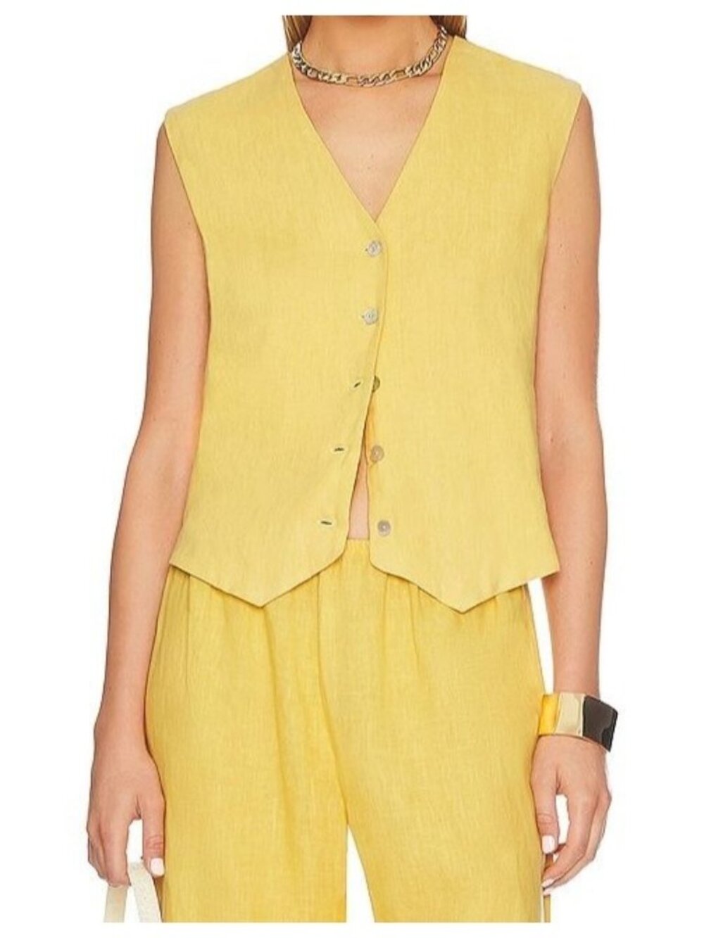 Donni 100% Linen Sunny Yellow Mother Of Pearl Button Waistcoat Vest Size Medium